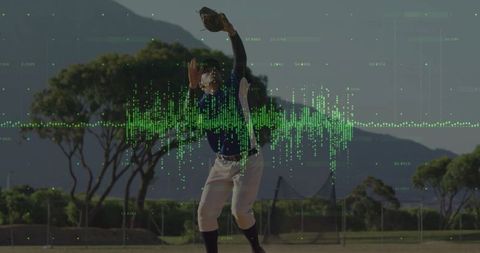 Baseball Player Making Dynamic Catch with Digital Waveform Overlay