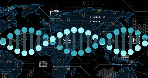 Spinning DNA Strand Over World Map with Data Interfaces