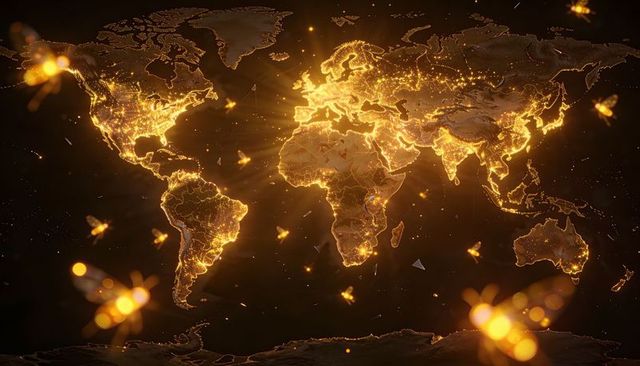 Global network map showing golden city lights, data nodes and radiant particle trails