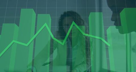 Business Professionals Analyzing Data with Green Chart Overlay