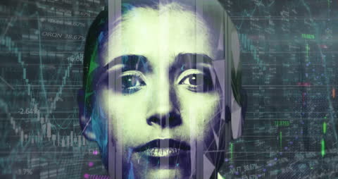Digital Finance: Woman's Face amid Data Projection