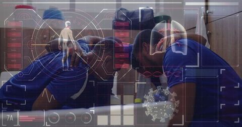 Soccer team in huddle with augmented reality health data overlay