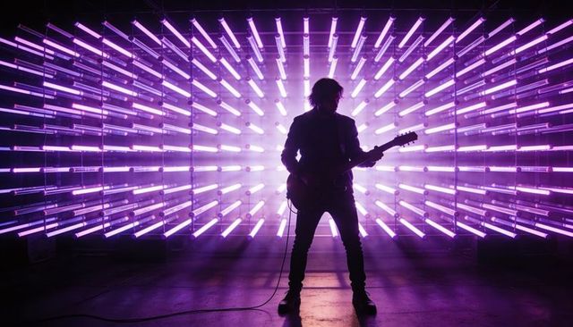 Silhouetted guitarist performing in neon purple starburst led light wall