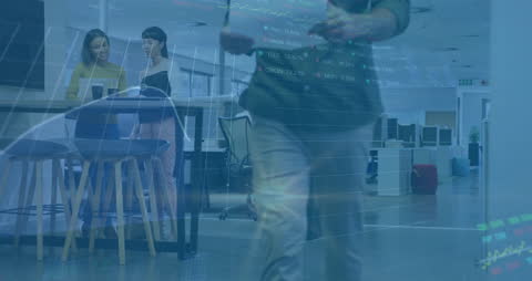 Financial Data Overlay with Diverse Business People Collaborating in Office