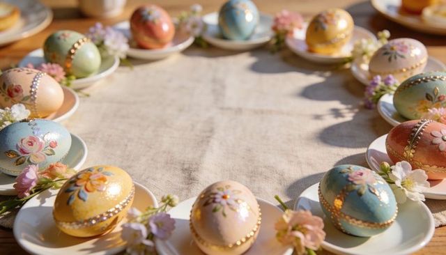 Displaying hand-painted pastel easter eggs forming circular centerpiece on linen runner