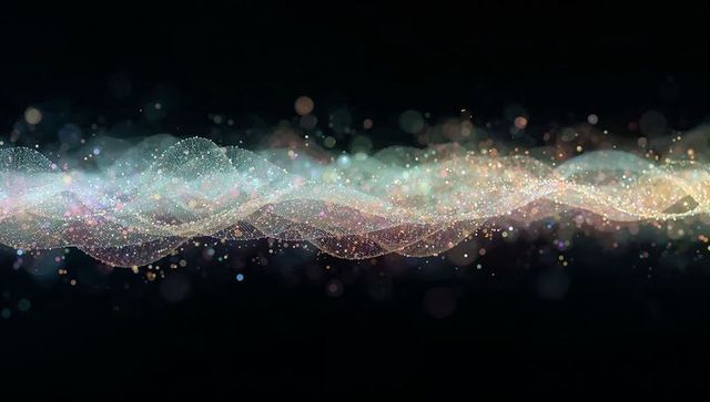 Iridescent digital particle waveform with neon mesh lattice and floating bokeh orbs