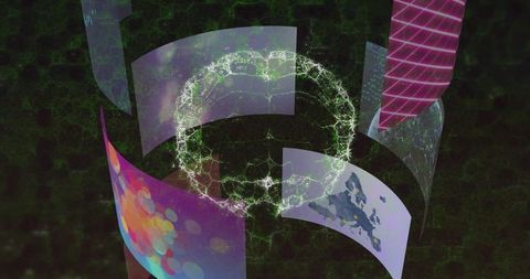 Futuristic digital interface with network sphere and data panels