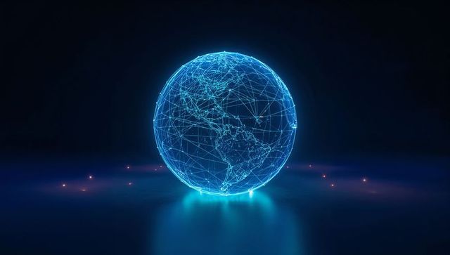 Holographic neon globe glowing cyan with connected network nodes and data mesh
