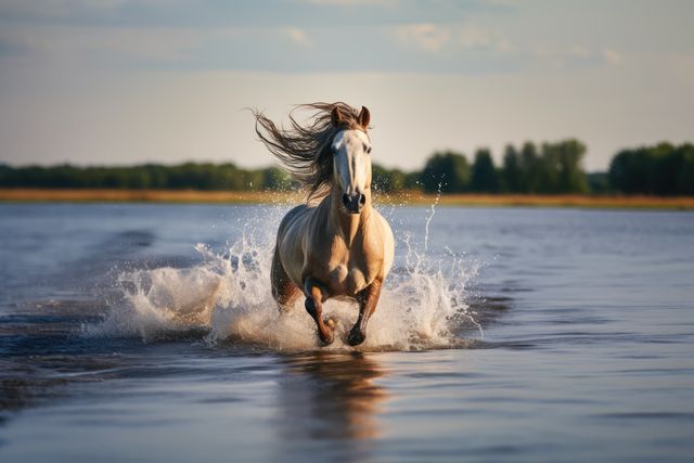 Brown horse galloping in water on sunny day, created using generative ai technology. Horse, animal, nature, freedom and movement concept digitally generated image.