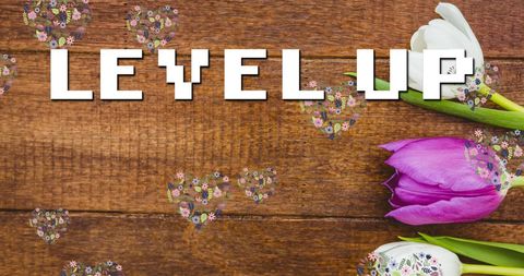 Colorful Tulips with Digital Floral Overlay and Level Up Text - Download Free Stock Images Pikwizard.com