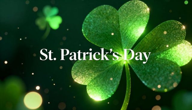 St. Patrick's day glittering shamrock with emerald bokeh, sparkle and glow