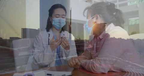 Clinician explaining vaccine vial to patient wearing masks with city skyline overlay