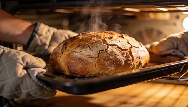 Baker removing steaming rustic sourdough loaf from oven with quilted mitts