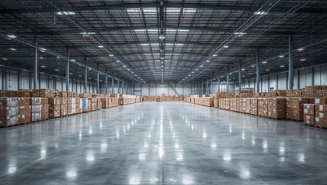 Central polished aisle reflecting lights in modern warehouse with palletized boxes