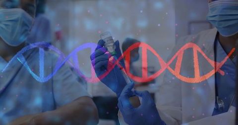 Healthcare team drawing vaccine with DNA double helix overlay representing genomic research
