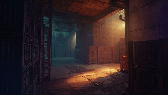 Abandoned Warehouse with Stacking Rusty Crates and Atmospheric Lighting