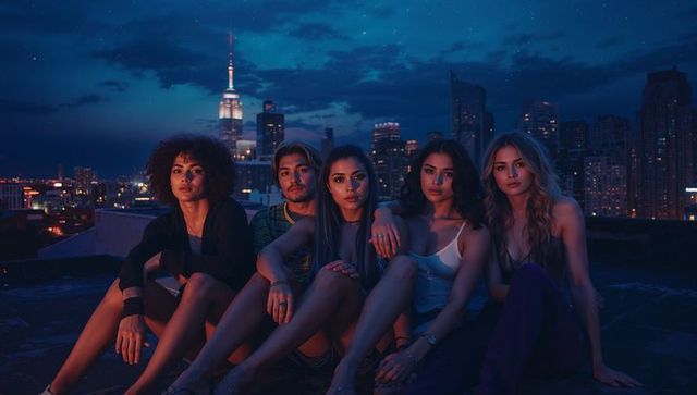 Young adults relax on urban night skyline rooftop gathering