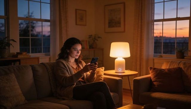 Woman relaxing on sofa at dusk scrolling smartphone by warm table lamp