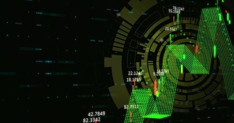 Green 3d zigzag arrow rising on futuristic financial hud with candlestick charts and numeric labels