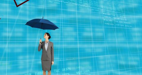 Businesswoman Holding Umbrella with Digital Data Overlay