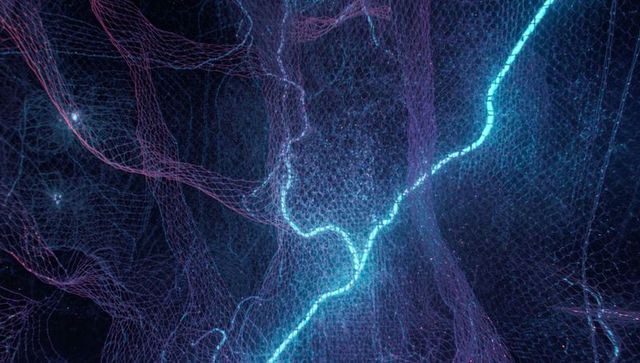 Neon mesh network in virtual cyberspace with energy trails