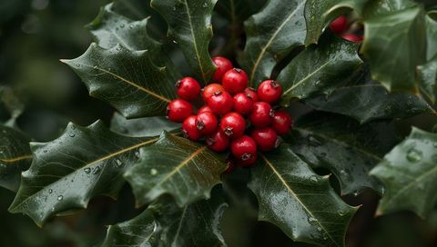 Wet Holly Berries Cluster Amid Shiny Spiny Leaves with Raindrops Creamy Bokeh Macro Background