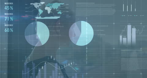 Businesswoman Analyzing Digital Financial Data with World Map Overlays
