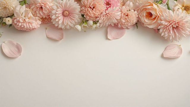 Peach dahlia and rose floral border arranging along top edge on soft cream backdrop