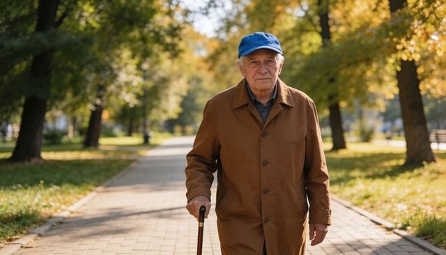 Elderly man walking with cane through sunlit autumn park wearing brown coat and blue cap