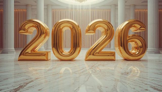 Golden 2026 numerals reflecting on polished marble floor in neoclassical hall with chandelier