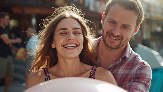 Laughing young couple enjoying sunny plaza with pastel balloon and carefree summer vibe
