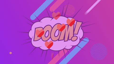 Playful Boom Text with Hearts on Colorful Background