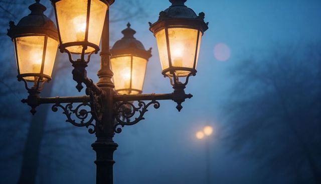 Glowing Vintage Street Lanterns Casting Amber Light through Fog in Moody Urban Park at Dusk