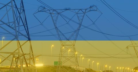 Ukrainian Flag Overlay Power Lines and City Lights in Dusk - Download Free Stock Images Pikwizard.com
