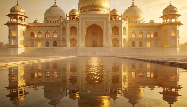 Bathing ornate mughal mausoleum in golden light, symmetrical reflection on courtyard pool