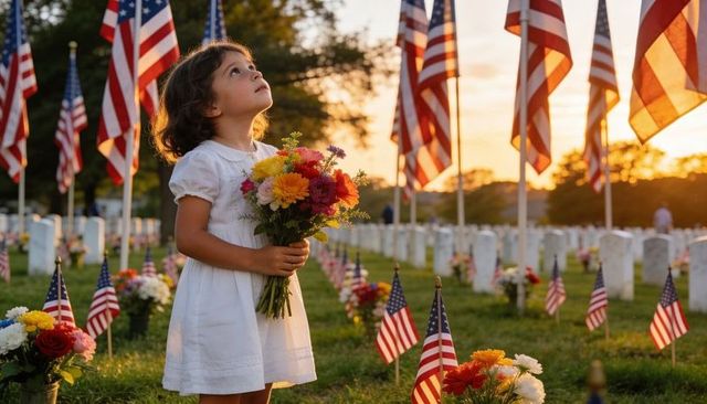 Child holding bouquet and looking up among american flags at cemetery sunset memorial day