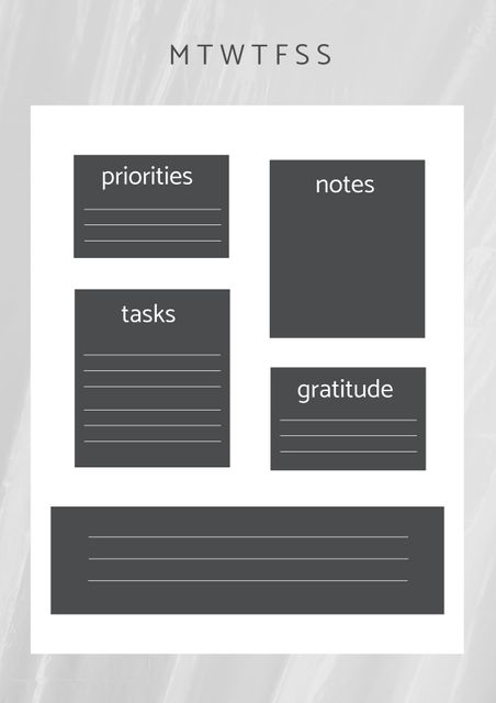 This minimalistic weekly planner layout template includes sections for jotting down priorities, tasks, notes, and practicing gratitude each day. With the MTWTFSS format for weekdays, it helps in efficiently planning and managing daily schedules. This can be used for personal or professional organizational purposes, fitting perfectly in planners, journals, or digital applications aimed at boosting productivity.