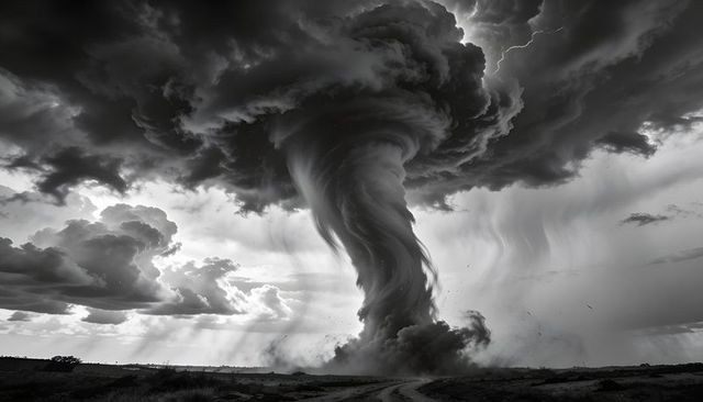 Massive spinning tornado funnel over open plain with dirt road and lightning, supercell