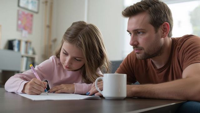 Parent helping child with homework at home desk morning coffee encouraging focused study