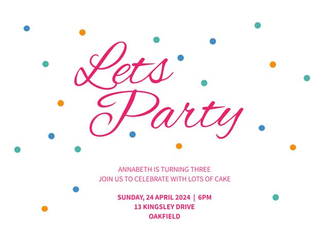 Kids birthday party invitation featuring cheerful and colorful confetti design. Perfect for announcing a kid's third birthday celebration. Ideal for social media posts, event announcements, and party planning postcards.
