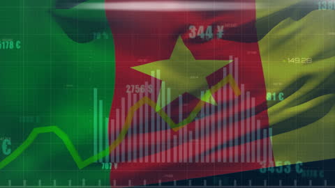 Cameroon Flag with Financial Data Overlay