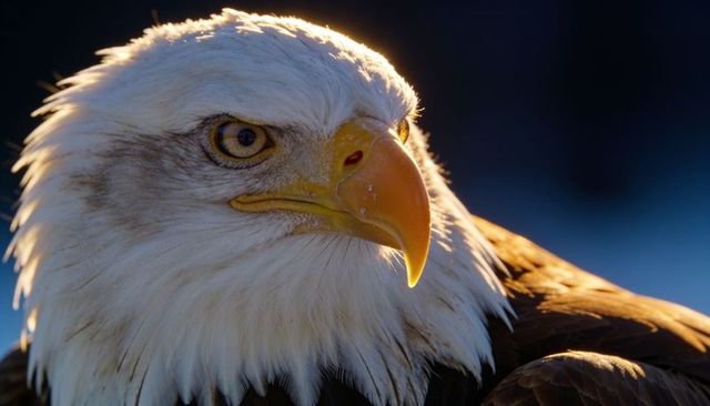 Backlit close-up bald eagle portrait hooked beak intense amber eye at golden hour