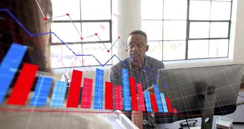 Business analyst reviewing financial charts and visualization in modern office workspace