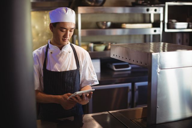 Smiling chef using digital tablet in the commercial kitchen