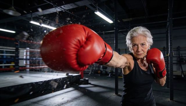 Senior woman delivering powerful boxing punch in gym showcasing strength and determination