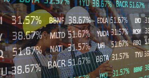 Workers Analyzing Data in Warehouse with Stock Market Overlay