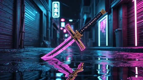 Neon anime katana in cyberpunk alleyway at night