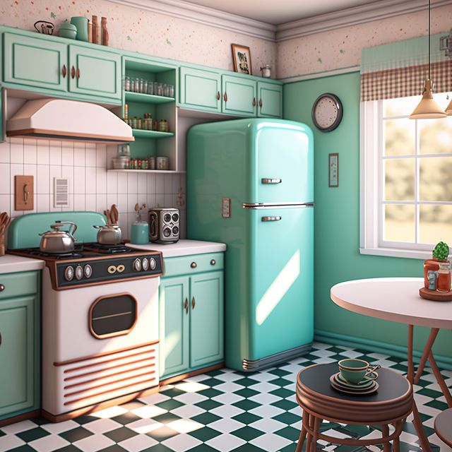 Image of retro kitchen and dining table interiors, created using generative ai technology. Retro interiors concept created digitally generated image.