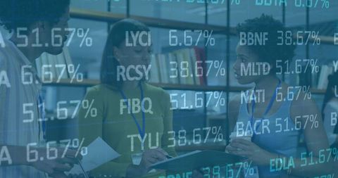 Business team discussing finance with stock ticker overlay, collaborative workshop