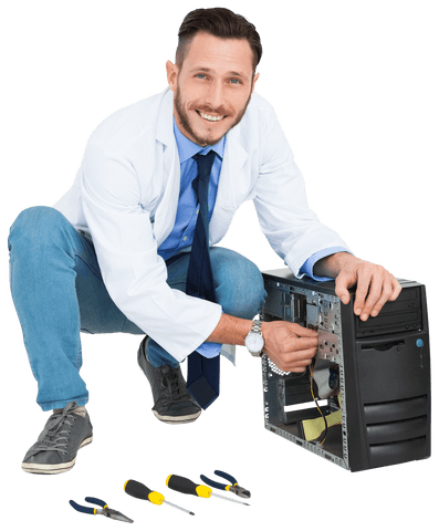 smiling technician repairing computer on transparent background - Download Free Stock Videos Pikwizard.com